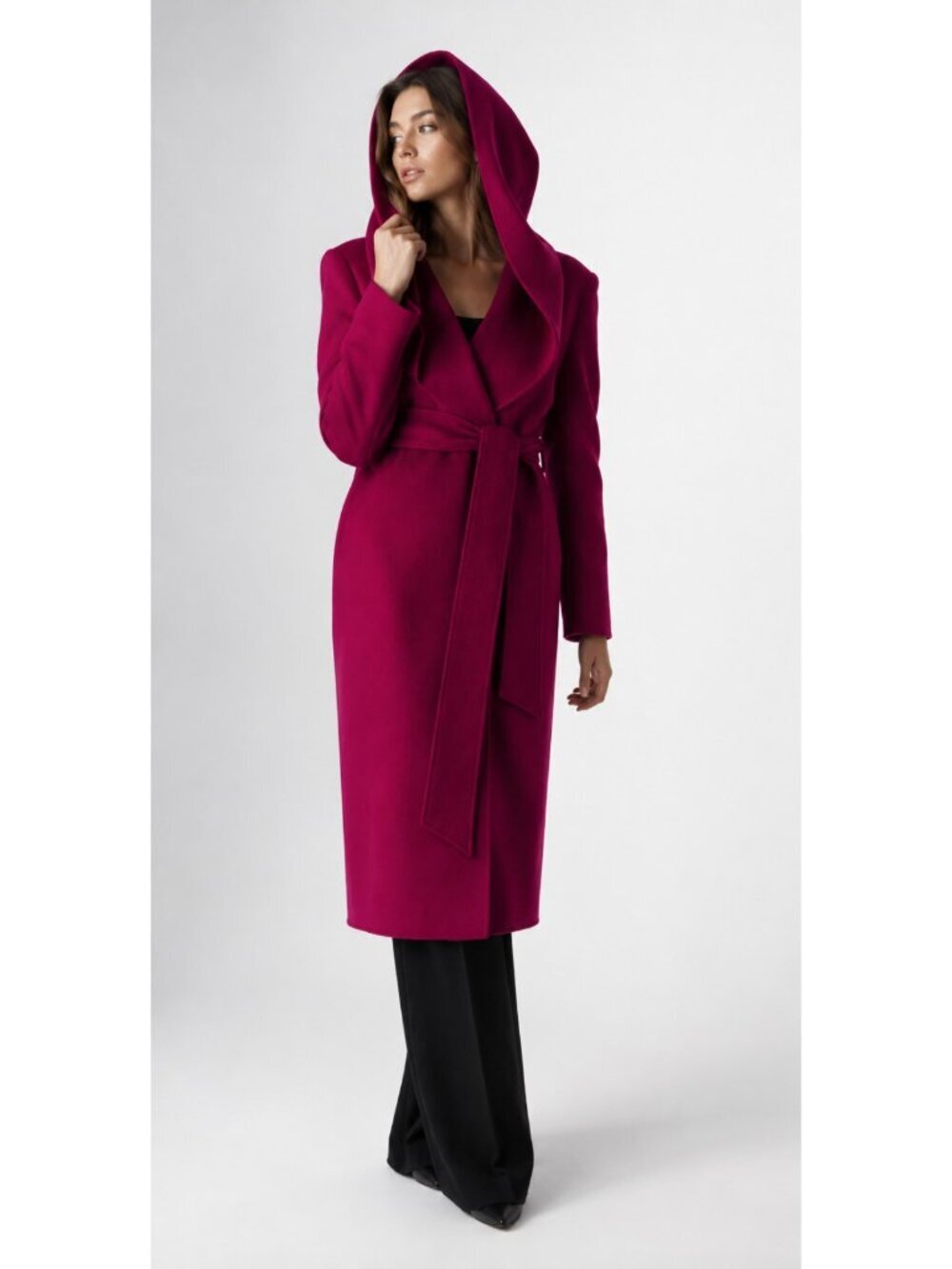 Amberleaf Hooded Wool Cashmere Wrap Coat Women’s Size 12 Pink Belted Long Coat